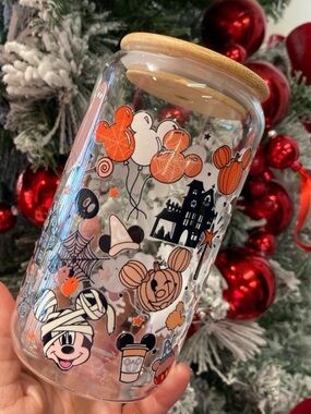 13 oz  Halloween-themed Disney Mickey Mouse glass can cup with a bamboo lid